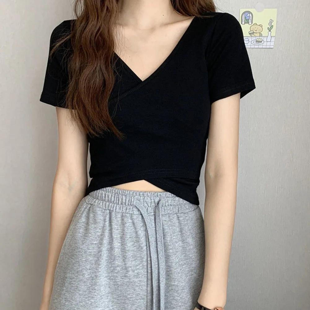 

Sexy Chic-Criss-cross Tshirt V-neck T Shirt Basic Tees Long Sleeve Crop Top Korean Fashion Women Summer Streetwear Y2k