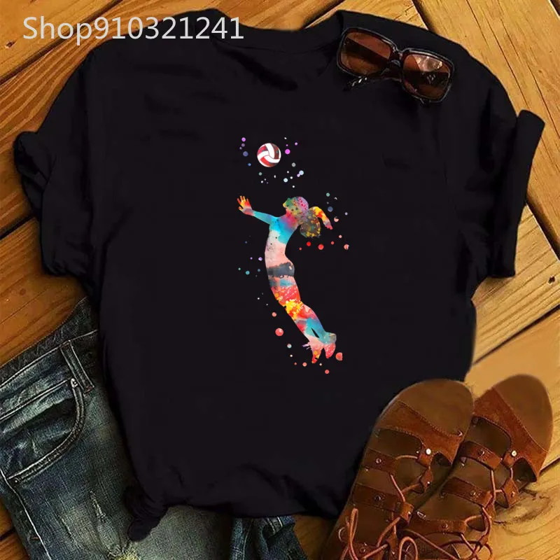 Aesthetic Art Volleyball Women T-Shirt Colorwater Printed Shirts Graphic Short Sleeve Tshirt Funny Casual Streetwear Tee Y2k Top