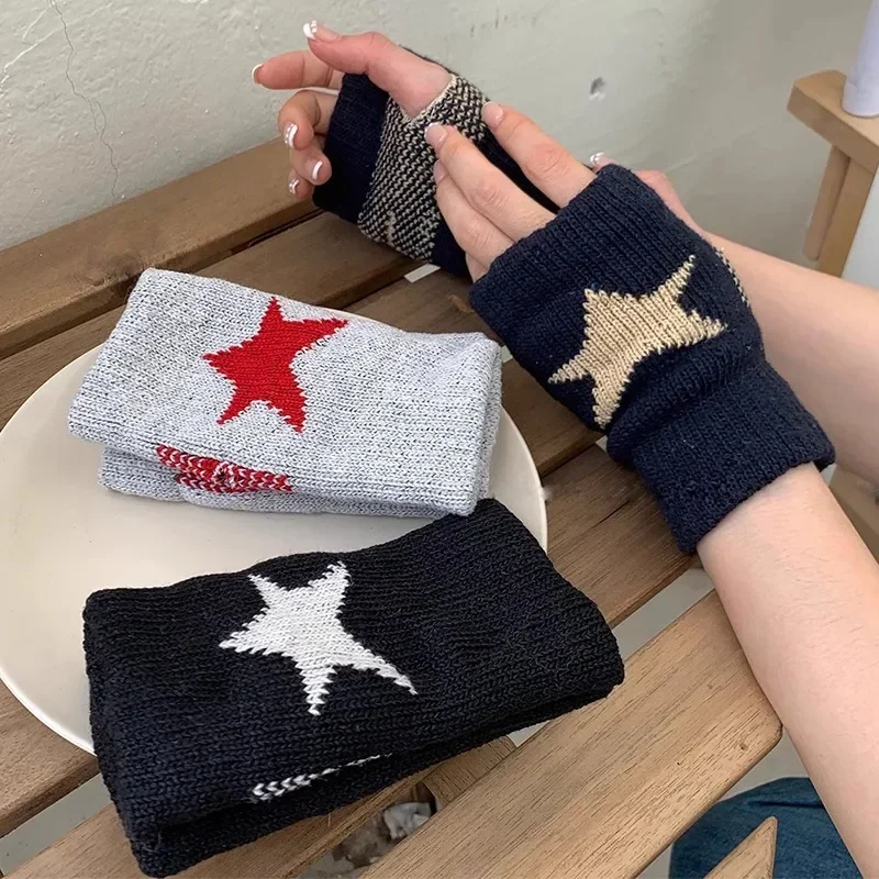 

Punk Y2K Star Knitted Woolen Gloves Fashion Men Women Pentagram Half Finger Warm Soft Mitten Five Pointed Star Fingerless Gloves