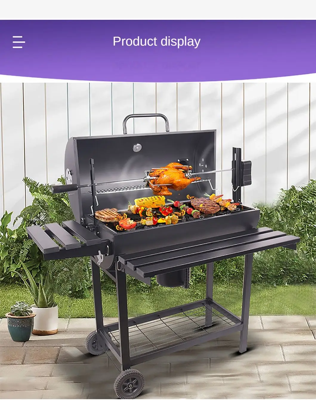 Portable Oil Drum Barrelbackyard Charcoal, Barbeque BBQ Grills Equipped with Electric Rotating Grilling Bracket