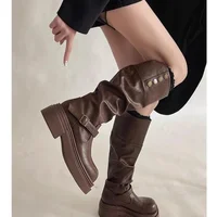 2026 Punk Knee-High Boots Women Chunky Platform Buckle Retro Biker Boots Plus Size - Image 4