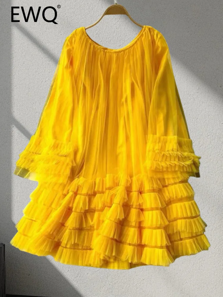 

EWQ Minimalist Ruffles Chiffon Dress For Women Solid Color Mesh O-neck Flare Sleeve Dresses Fashion 2024 Summer Clothing 27C484