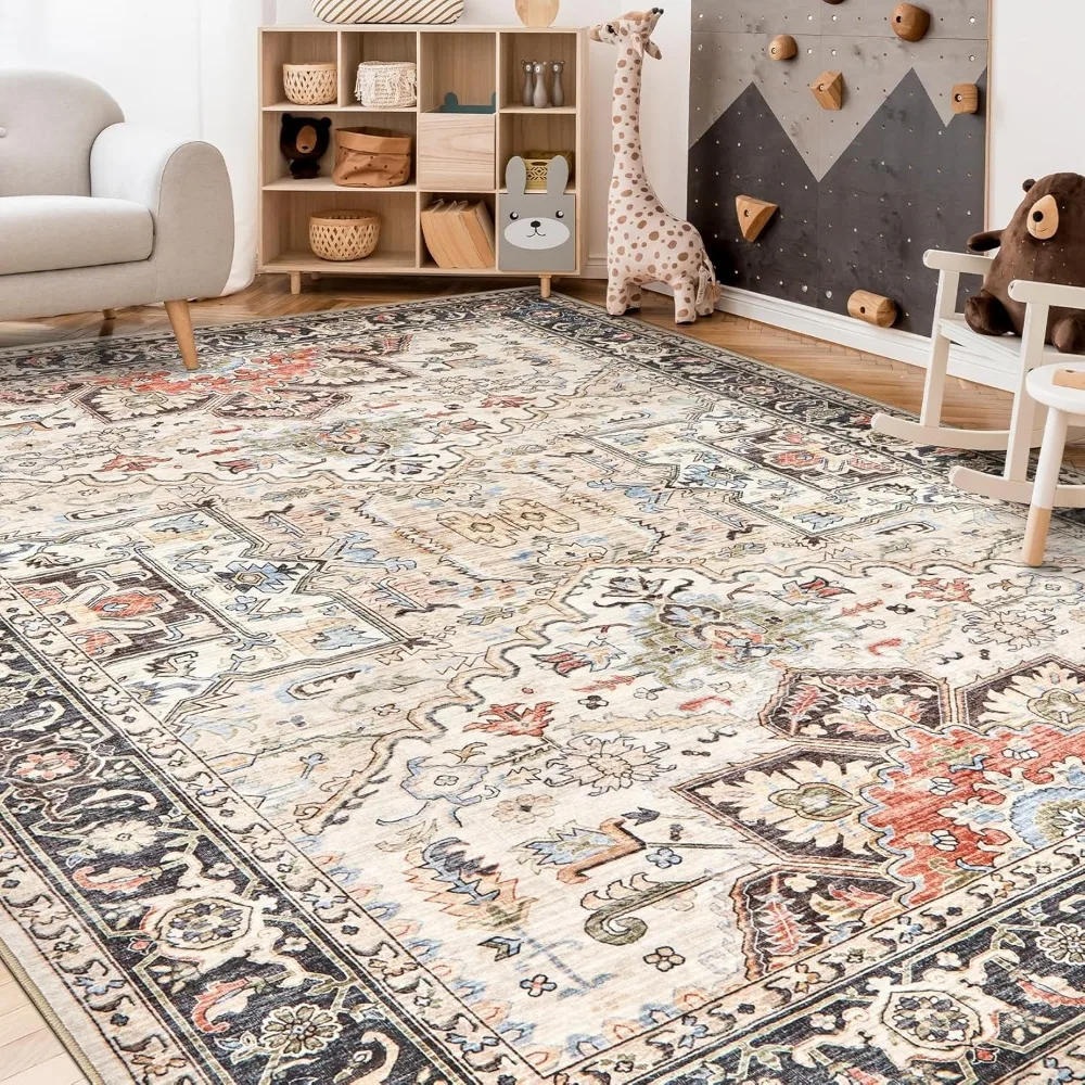 Area Rug Living Room Rugs -Soft Machine Washable Oriental Vintage Floral Distressed Rug Large Indoor Floor Carpet