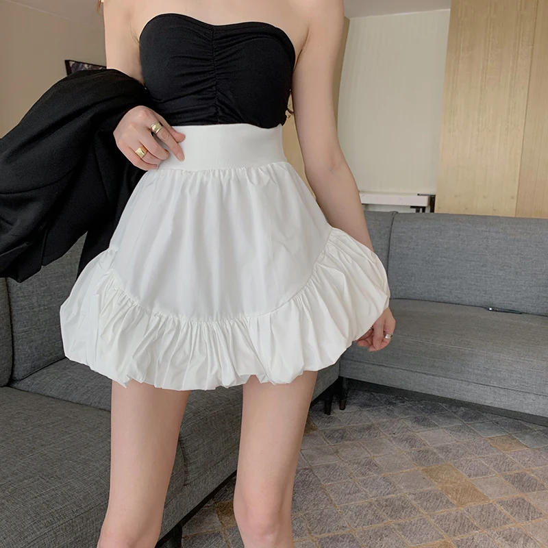 

New Women Elastic Waist Sexy Mini Skirts White Lace Ruffles Short Skirt Fashion High Waist Female Summer Tennis Bubbles Skirt