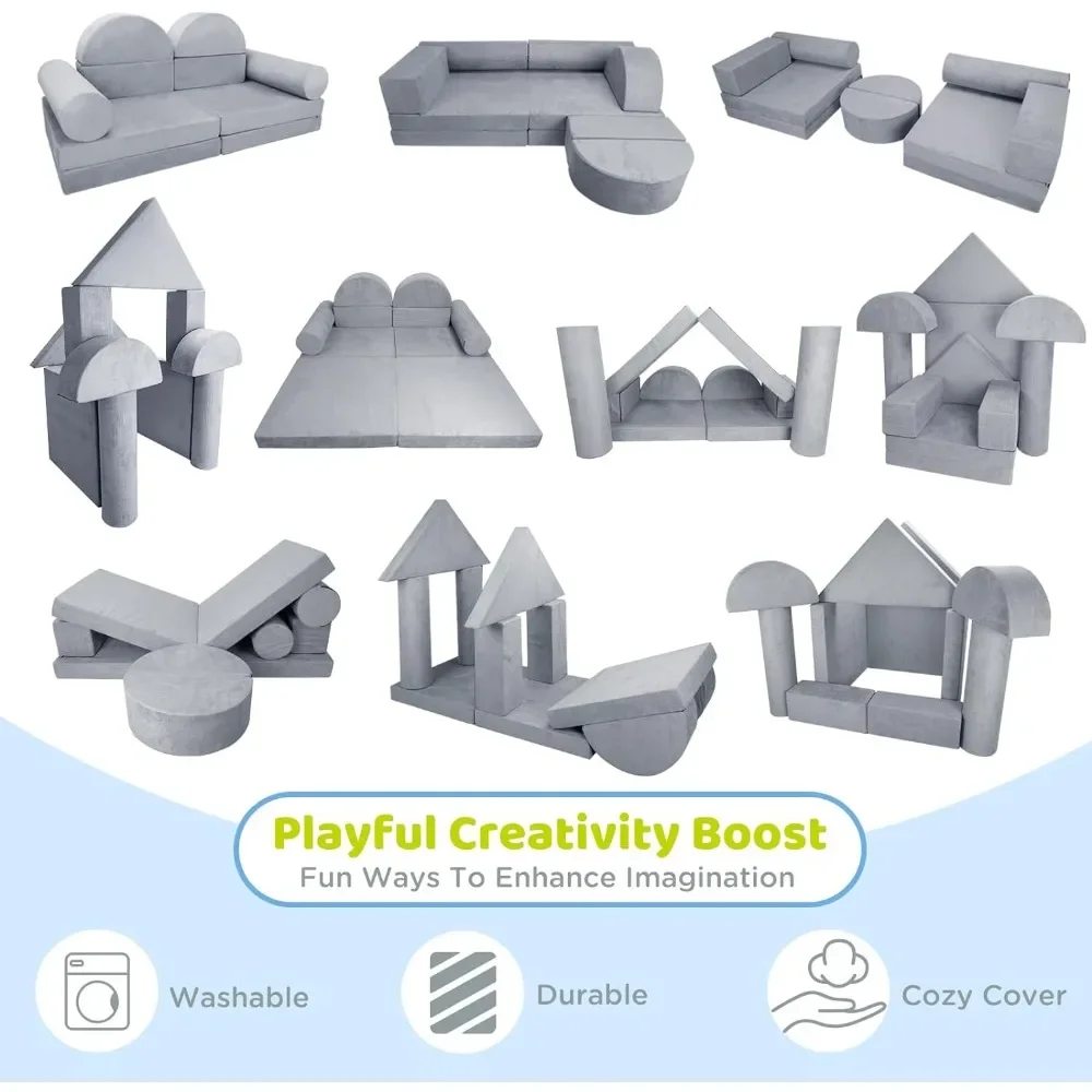Kids Couch Sofa 10PCS, Premium Toddler Couch Fort for Child Teens, Modular Kids Couch Furniture, Grey 5