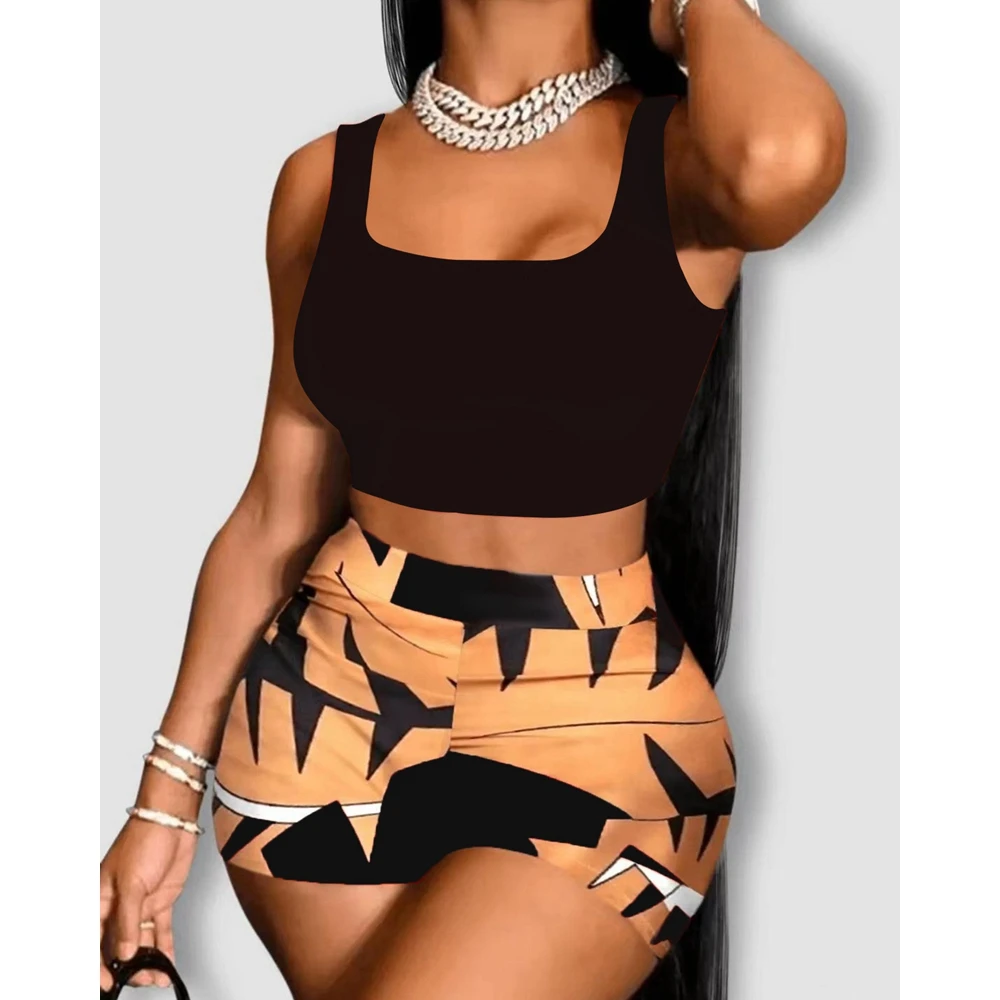 Summer Casual Sleeveless 2 Pieces Suit Set Outfits Women O-Neck Cami Crop Top & Geometric Print Shorts Sets Vacation y2k Clothes