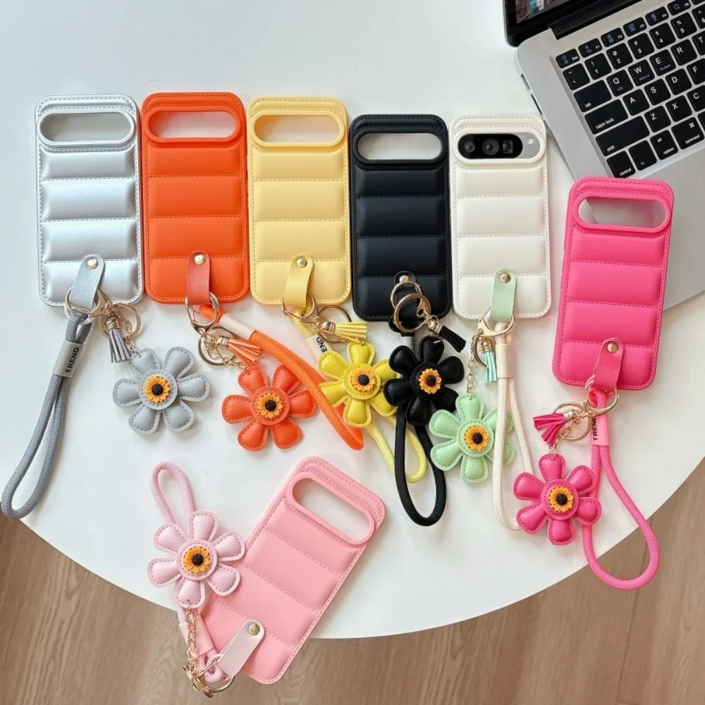 Cartoon Sunflower Down Jacket Lanyard Phone Case with Hand Wrist Strap - Soft TPU Cover