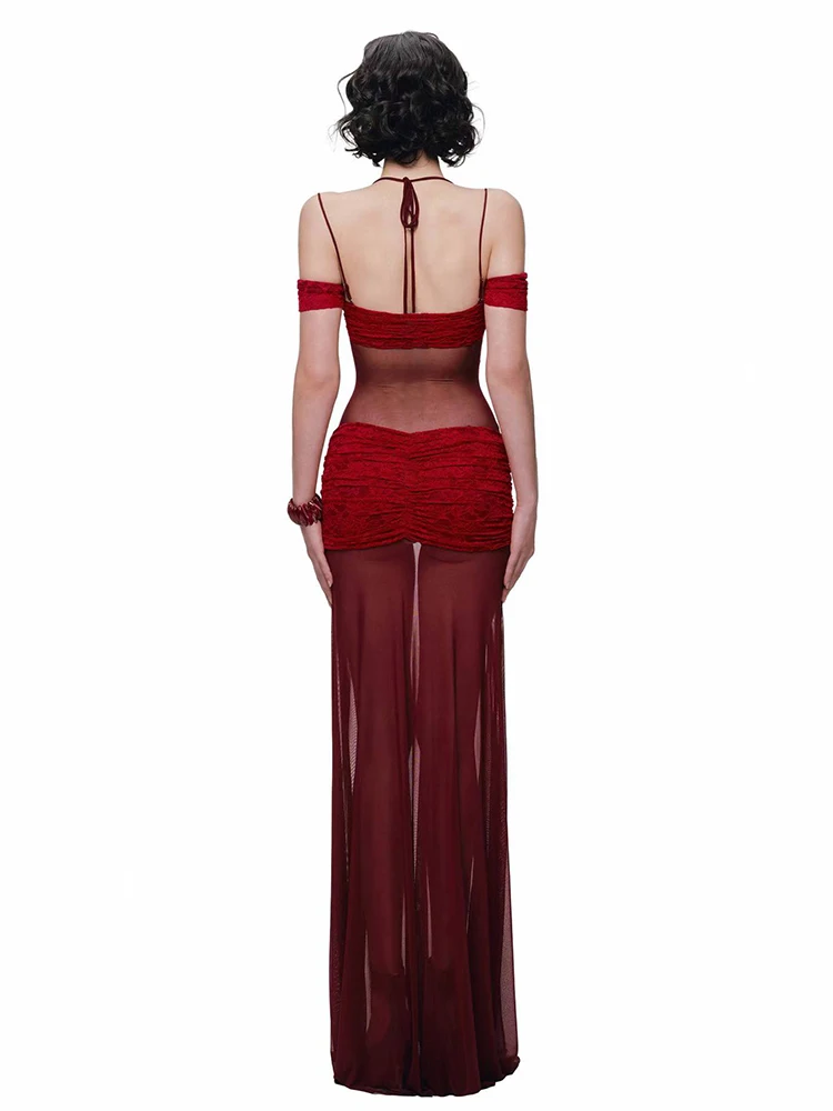 Nibber Fashion Dress WomenSlash Neck Halter Bandage Backless Patchwork Sleeveless Sexy See Through Slit Hem Prom Party Vestidos