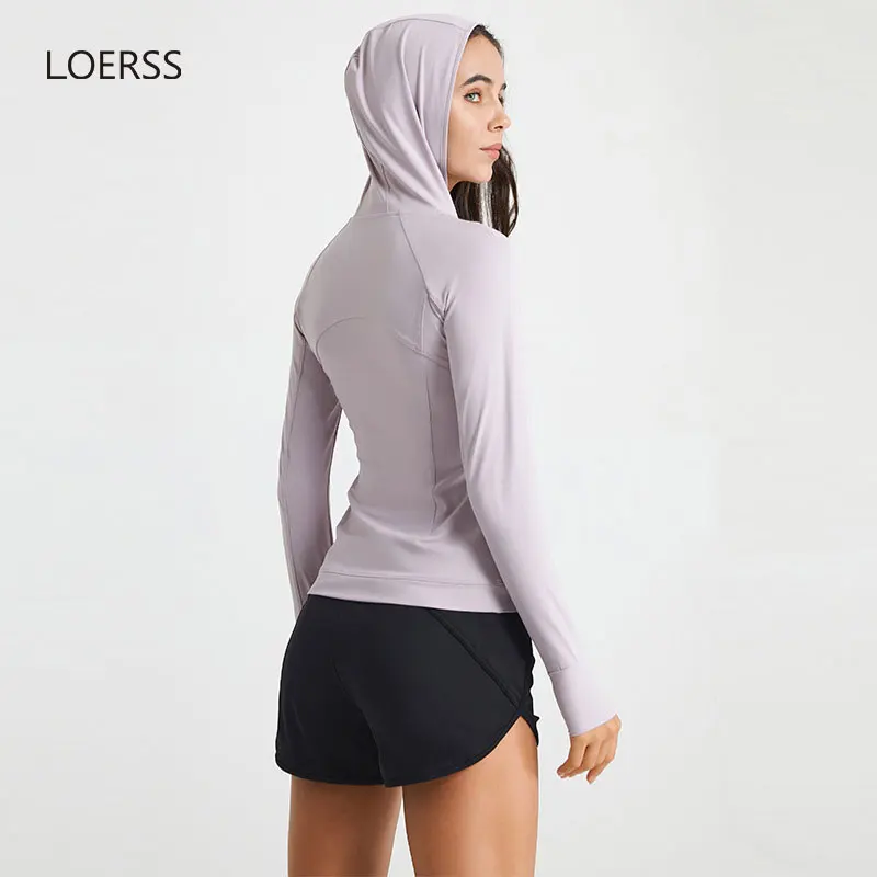 LOERSS 긴팔 요가 티셔츠, 스포츠 후드 탑, 슬림 퀵 드라이 피트니스 요가 러닝 운동 재킷, 가을 풀오버