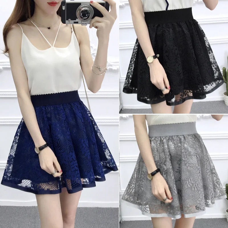 2022 summer lace short skirt A-line skirt high waist skirt hollow lace skirt black student new skirt gauze faldas mini skirts loerss pleated skirt preppy plaid patchwork short skirt for women high waist mini a line summer hot girls versatile short skirts