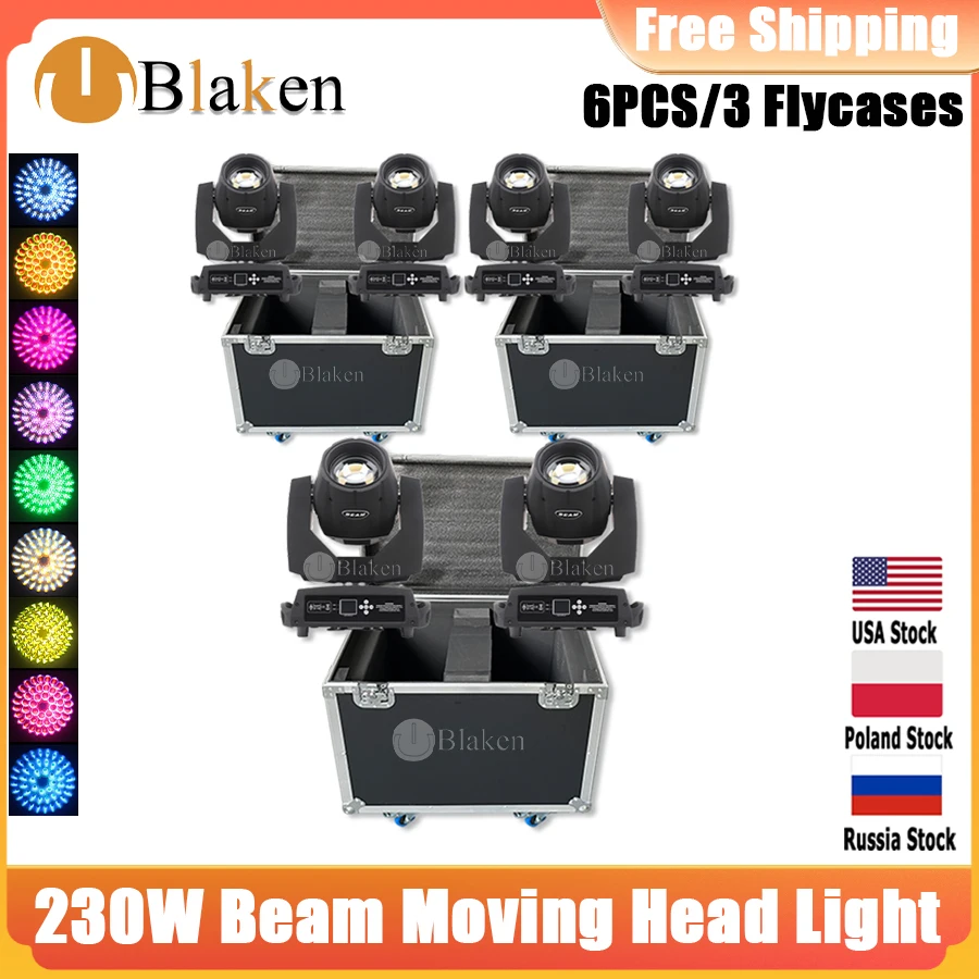 

0 Tax 6Pcs 7R 230W Sharpy Moving Head Beam Light With Case Wash Spot Stage Effect Light For DJ DMX 17 Gobos 14 Colors Fixture