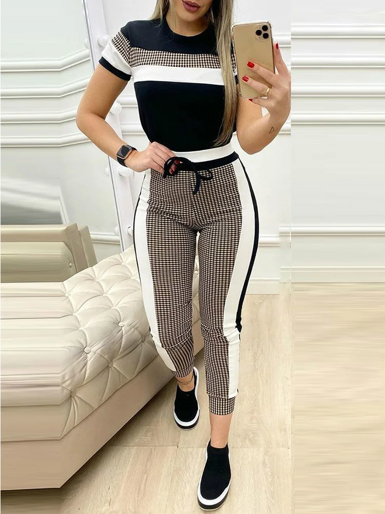 

Summer Women's Causal Tracksuit Colorblock Plaid Striped Short Sleeve Tape Top & Drawstring Pantst Two Piece Sets Ladies Outfits