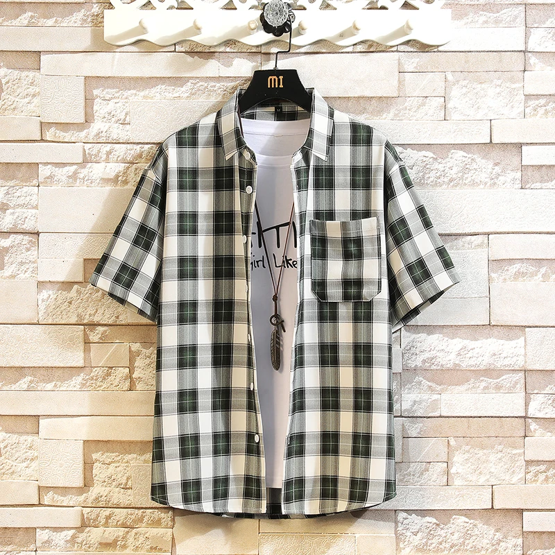 New Fashion Plaid Shirt Men Summer Casual Short Sleeve Shirts Men\'s Loose Beach Hawaiian Tops Blouse