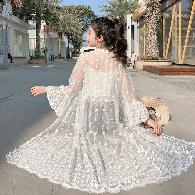 

Women Jackets Summer Stylish Open Stitch Sun Protection Lace Long Comfort Thin White Embroidery Draped Long Sleeve Female Baggy