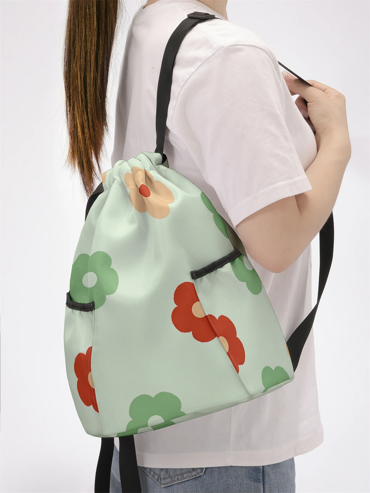 Floral Printed Drawstring Backpack - Large Capacity Durable Fitness Bag, Adjustable Shoulder Straps, Sports Beach Backpack