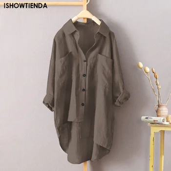 Office Summer Solid Pocket Lapel Button Up Women Shirts Vintage Cotton Linen Blouses Short Sleeve Casual Loose Shirt Ladies Tops