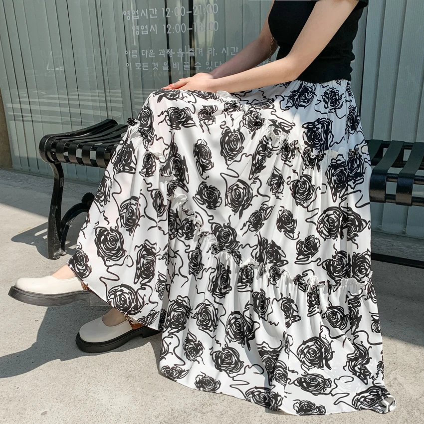 

2023 Spring French Vintage Panels Agaric Clothing Edges Chiffon Print Pleated High Rise Midi Skirt Free Shipping