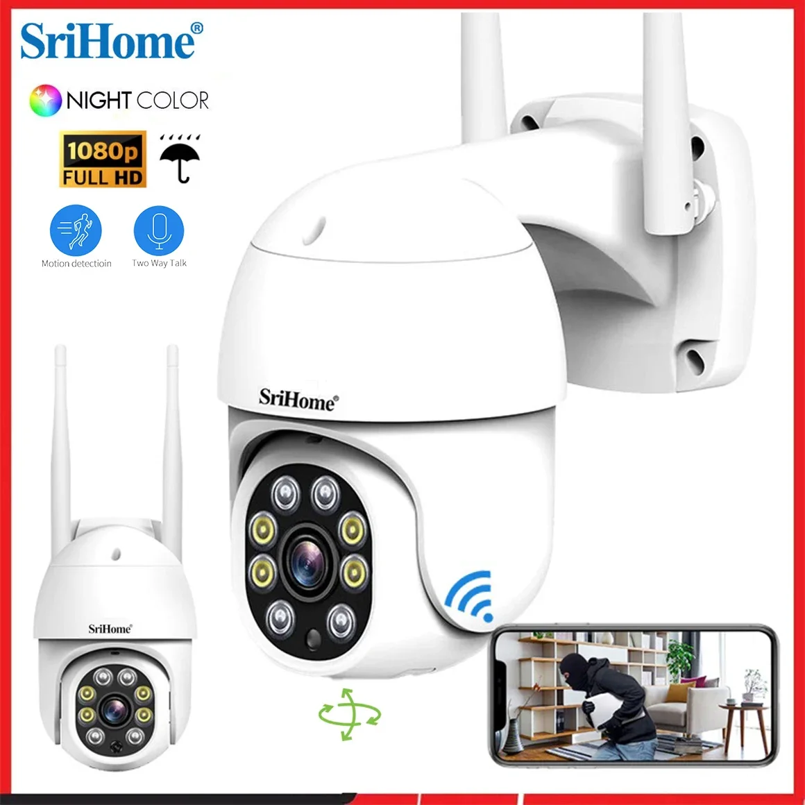 SriHome SP028 2MP SH052 5MP PTZ WiFi Camera Ai Auto Tracking Outdoor IP Camera 2-Way Audio Color Night Vision CCTV Surveillance 2