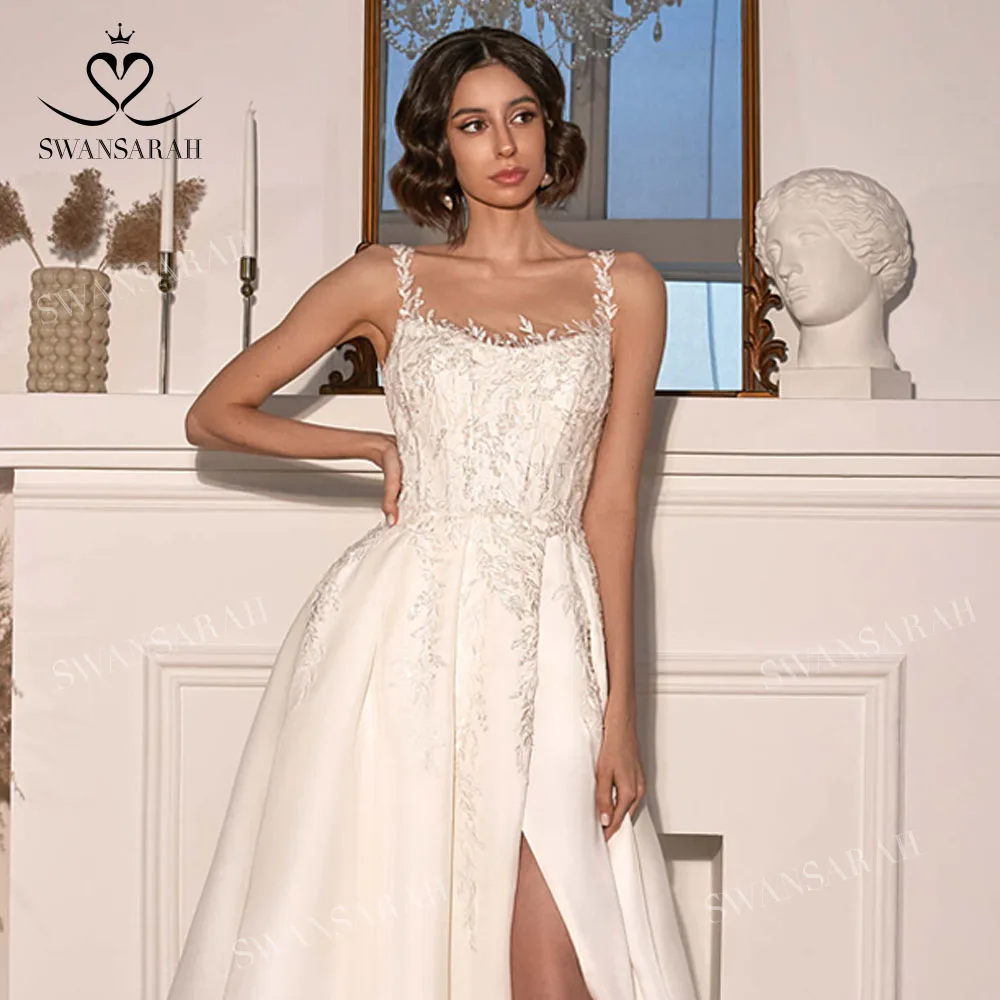 Satin Sleeveless Wedding Dress 2025 Chic Appliques Split A-Line customized Princess Vestido De Novia SwanSarah N400 Bride Gown 5