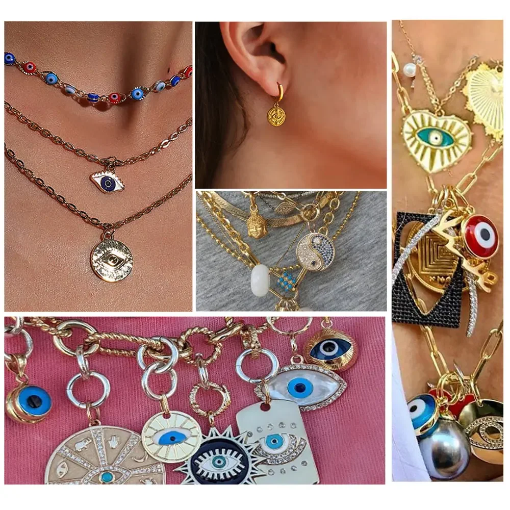 5pcs Stainless Steel Gold Plated Evil Eye Stone Charms Necklace Pendant Connector for Earrings Diy Jewelry Making Supplies Bulk 5