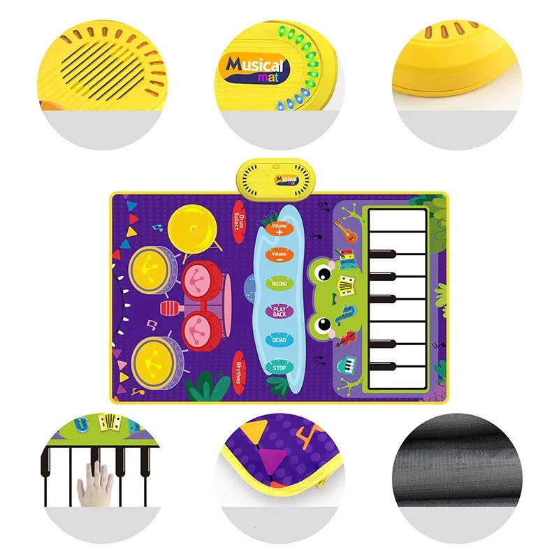 Tappetino da gioco per batteria per pianoforte musicale per bambini 2 in 1 per bambini Tappetino da ballo per tastiera da pavimento con suoni Coperta musicale giocattolo per bambini - immagine 4