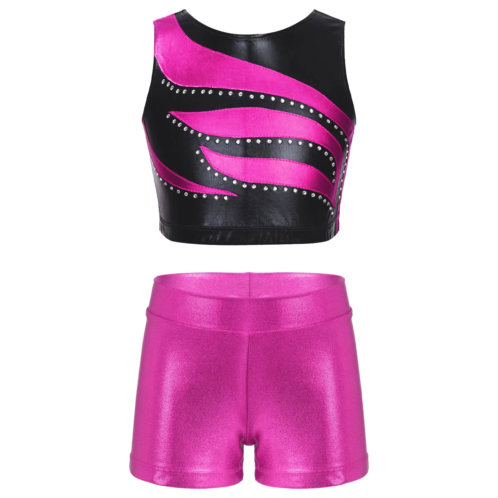 

Kids Girls Rhinestone 2 Pcs Jazz Ballet Street Dance Gymnastics Outfit Crop Top with Metallic Athletic Shorts Set Tracksuits