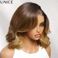 Perruque Bob ondulée UNice avec bonnet antidérapant 13x4, dentelle frontale, mèches chocolat et dorées, cheveux humains, sans colle 3