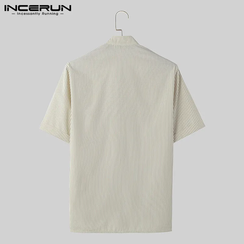 INCERUN Tops 2024 Korean Style New Men's Striped Stand Neck Design Shirts Leisure Streetwear Hot Sale Short Sleeved Blouse S-5XL 5