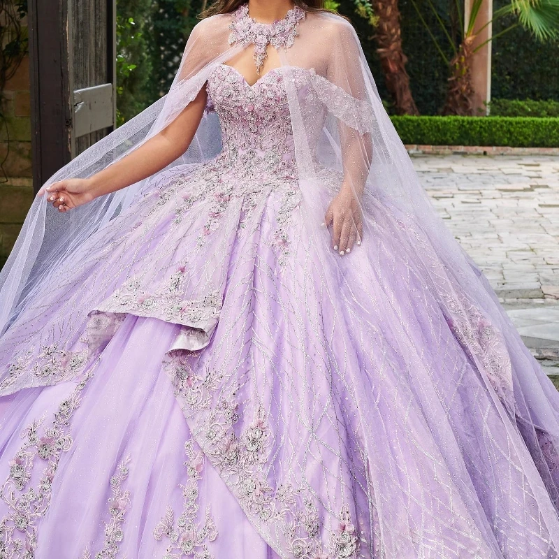

Mexico Lavender Off The Shoulder Ball Gown Quinceanera Dress For Girl Beaded Applique With Cape Birthday Party Gowns Prom Dress