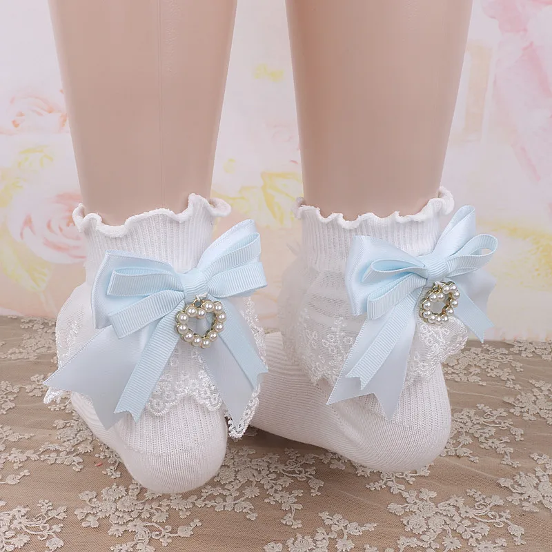Japanese Lolita Style Sweet Cute Lace Pearl Heart Pendant Back Bow Soft Girl Short Socks Women's Stockings Apparel Accessories