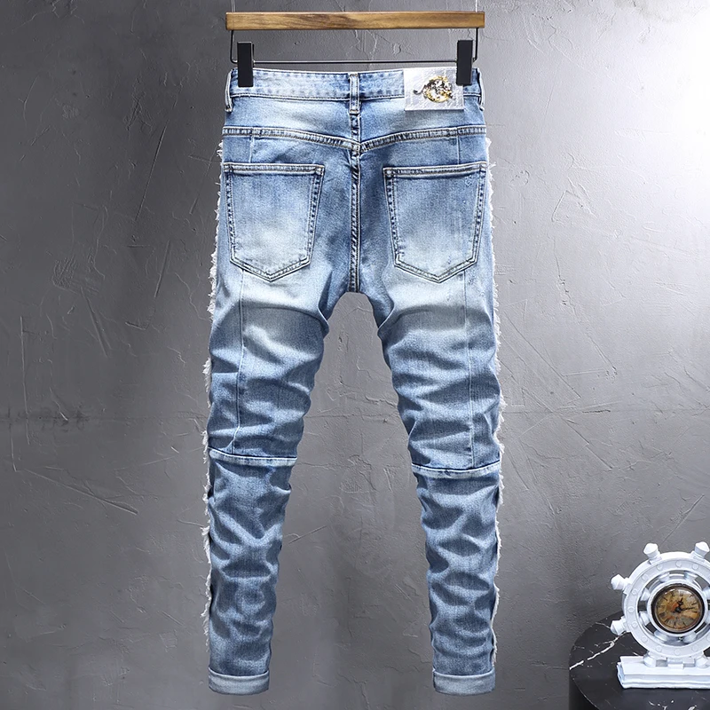 Street Fashion Men Jeans Retro Light Blue Elastic Stretch Skinny Ripped Jeans Men Spliced Designer Hip Hop Denim Pants Hombre