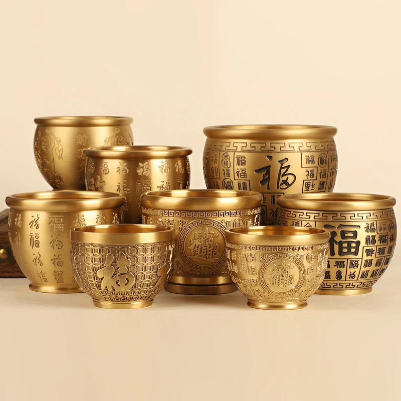 

Brass Fengshui Bowl Feng Shui Old Wealth Luck Handcarved Chinese Traditional Copper Ornaments Baifu Cup Dragon and Phoenix Cup