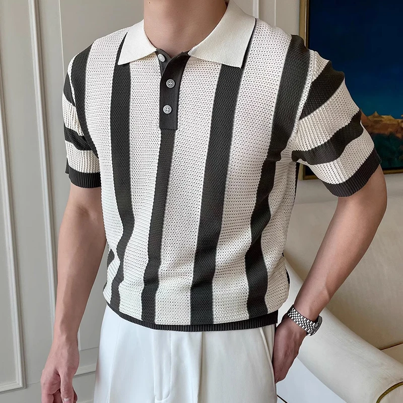 Contrast Color Striped Mens Polo Shirts Trendy Button Turn-down Collar Knit Tops Men Spring Summer Daily Casual Breathable Polos 8 S53a0df1523284414aa7195509868dd39m