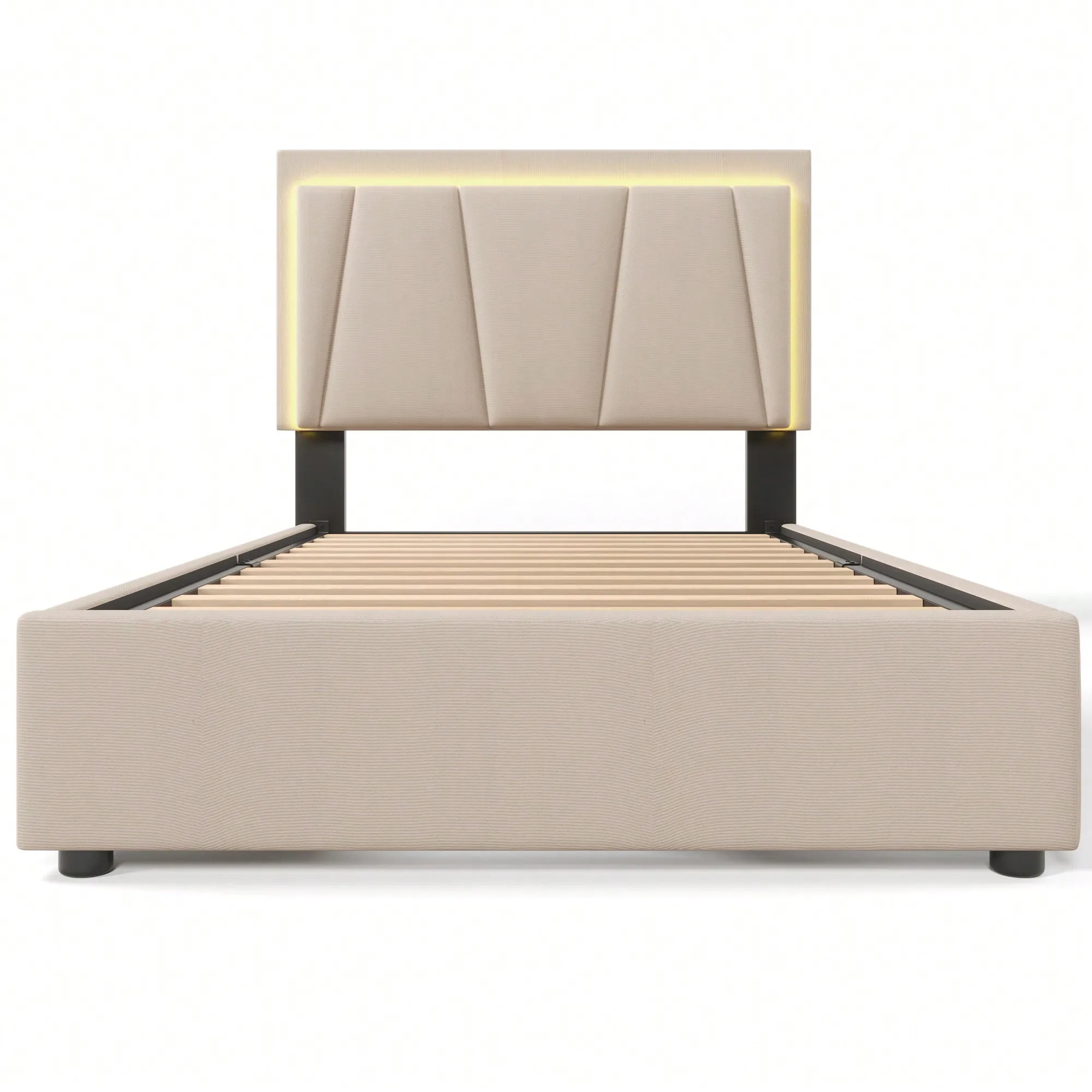 KOMHTOM Upholstered Bed 90 x 200 cm LED Bed with 2 Drawers, Double Bed Frames Height Adjustable Headboard,Mattress Not Included