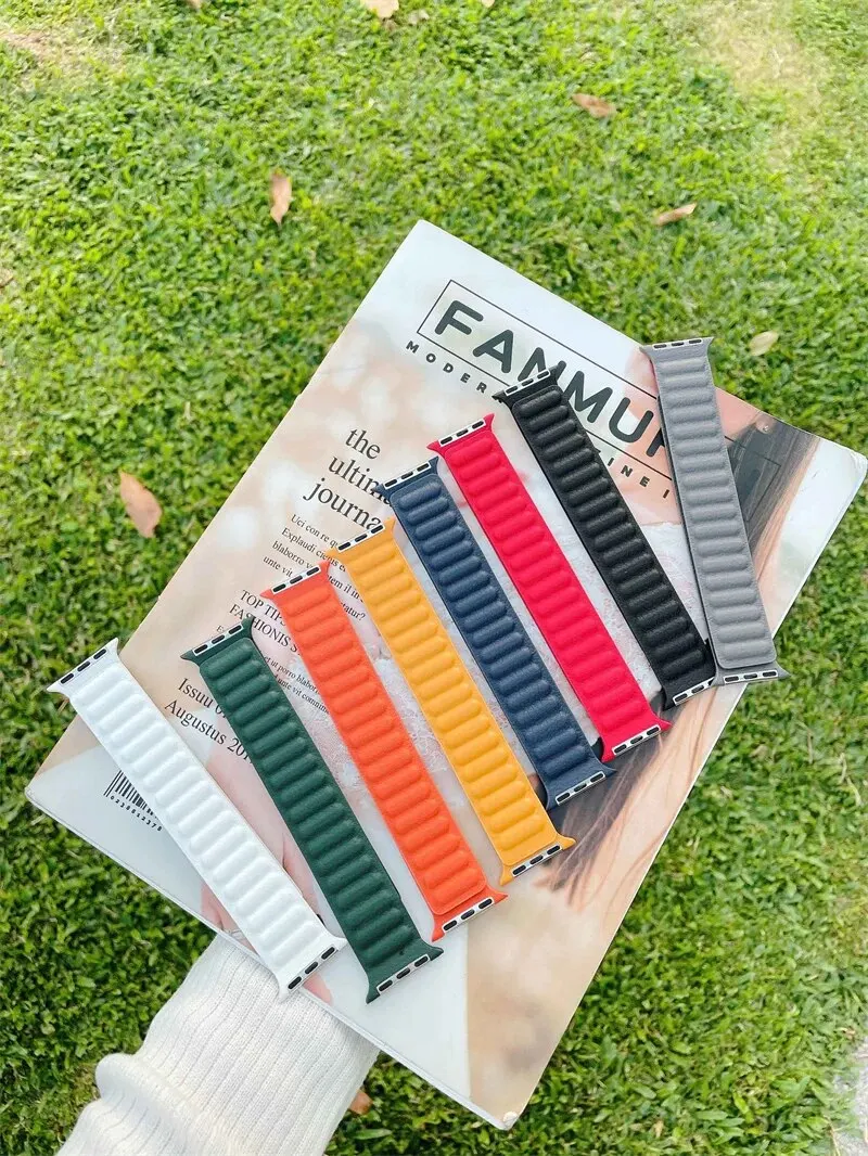 애플 워치용 가죽 링크 스트랩, 울트라 2 49mm, 44mm, 40mm, 41 45mm, 아이워치 시리즈 9, 8, 7, 6, 5, 4, 3 SE용 마그네틱 루프 팔찌