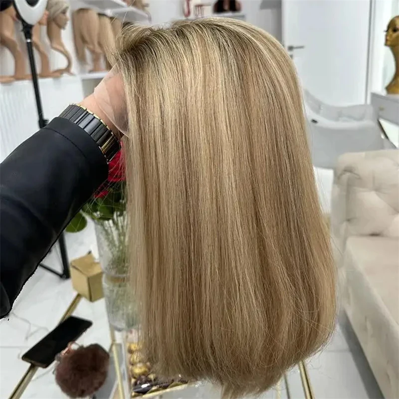 New Honey Blonde Bob Wig Light Brown Highlights High Heat Fibre Synthetic Lace Front Wigs Short Straight Cosplay Wig for Women