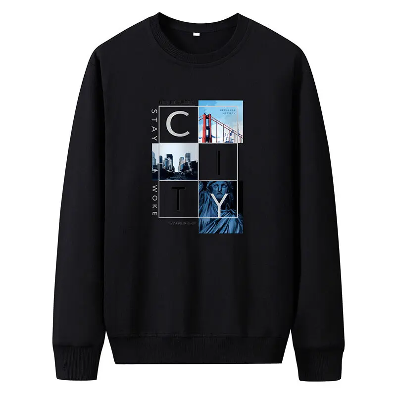 Men's Spring Autumn Pullover Round Neck Solid Letter Printed Lantern Long Sleeve T-shirt Hoodies Fashion Casual Loose Tops