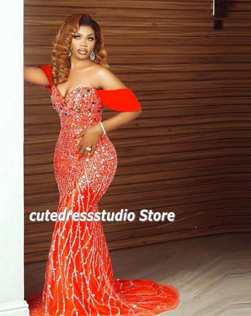 Owambe Style Red Evening Dresses Sequin Beading African Women