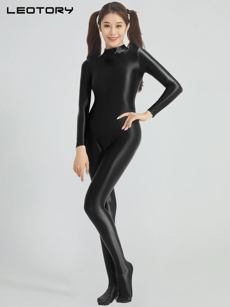 Glossy Long Sleeve Jumpsuit Tights Plus Size Cosplay Costume Pantyhose Playsuit Women Swimwear
