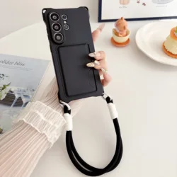Silicone Rope Strap Phone Case with Wallet Card Holder and Bag Cover - Galaxy A56 (Black)