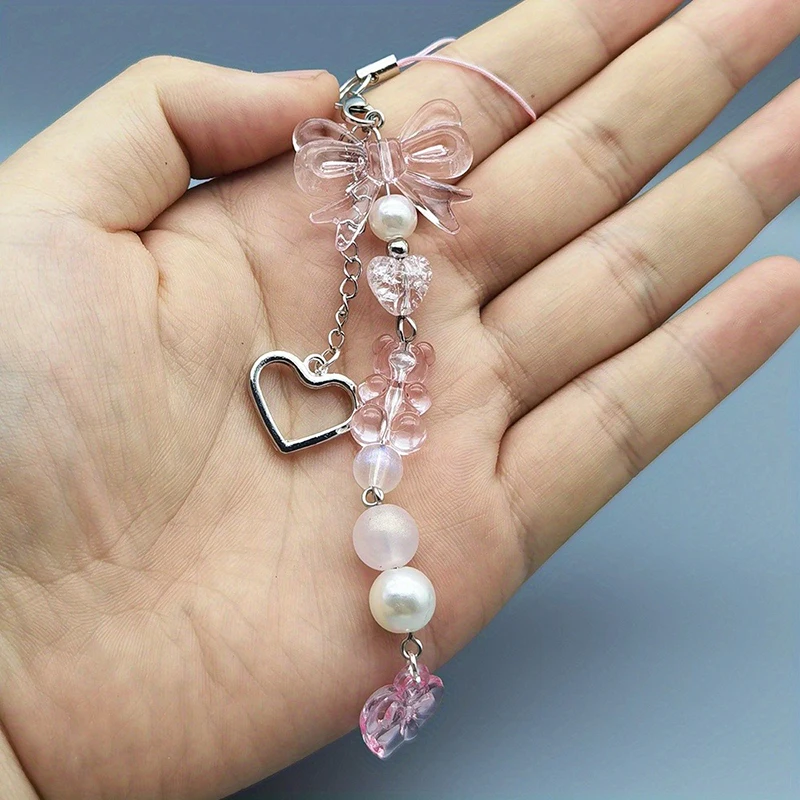 Charming Pink and Silver Bow & Heart Keychain Pendant - Cute Accessory