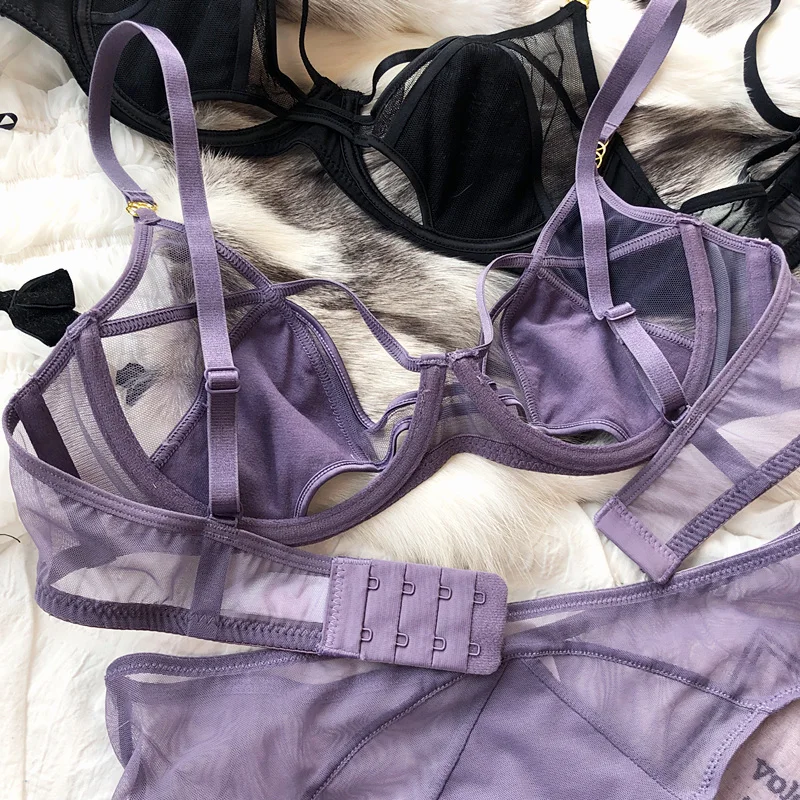 Sexy Hollow Lingerie Set French Ultra Thin Women Bra Summer Breathable Purple Plus Size 95CD Cup Underwear Push Up Brassiere
