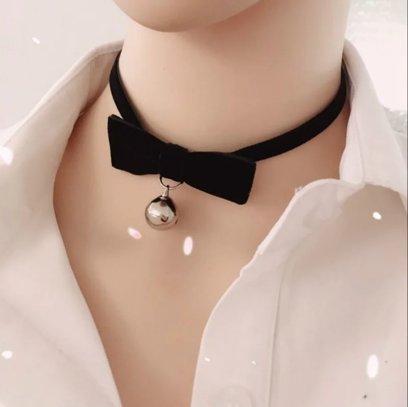 

Fashion Trendy Style Bow Choker Necklace for Women Bell Pendant Collar Cosplay Necklace Black Velvet Ribbon Short Choker