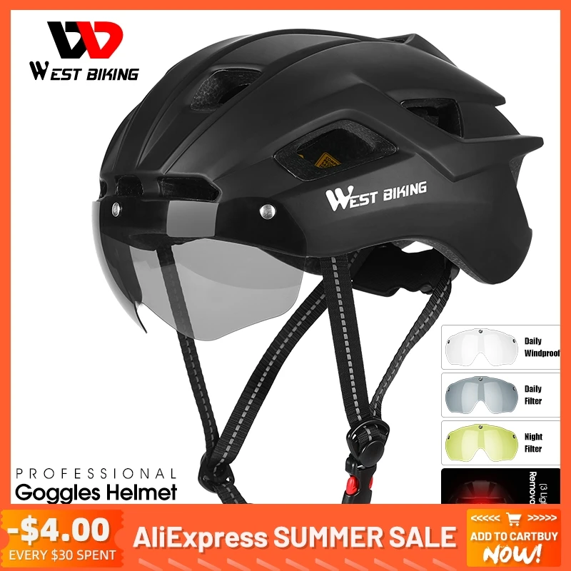 

WEST BIKING Bicycle Helmet With Taillight Goggles Sun Visor Lens Safety EPS MTB Road Race Cycling Helmet Men Women Bike Helmet