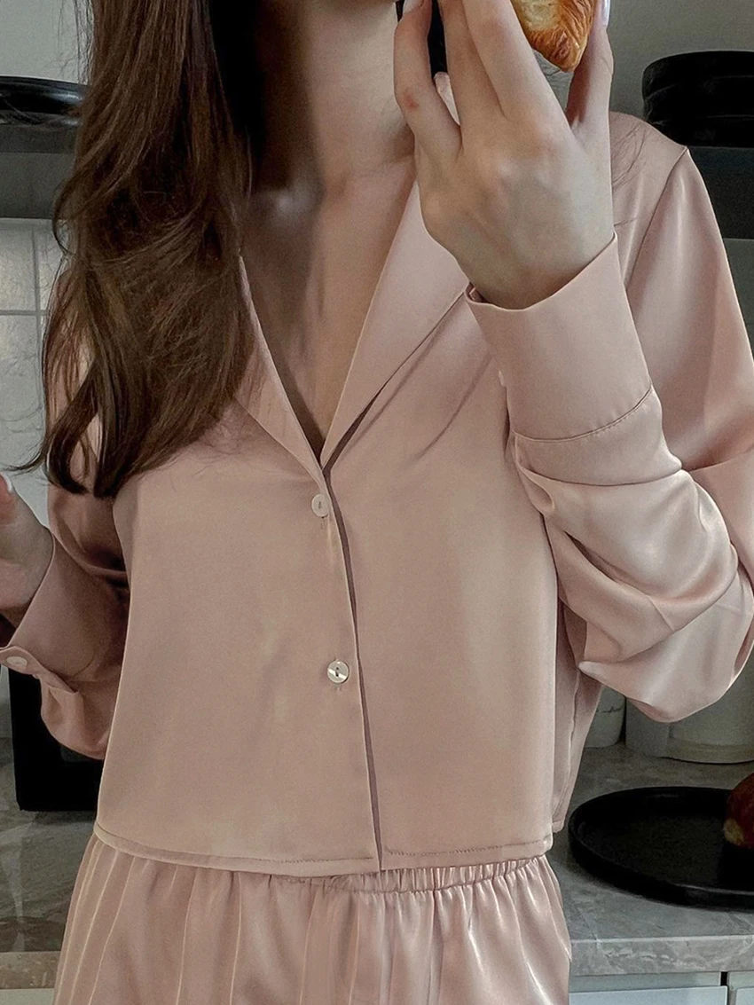 Marthaqiqi Fashion Women'S Nightwear Suit Long Sleeve Sleepwear Sexy Turn-Down Collar Pajamas Shorts Female Nightie 2 Piece Set