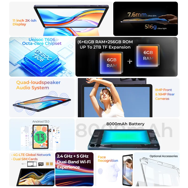 HOTWAV Pad 11 Tablet 11'' 2K Display Widevine L1 8000mAh Battery Pad 12(6+6)GB RAM 256GB ROM Quad-loud speaker PC Mode Tablet PC 2