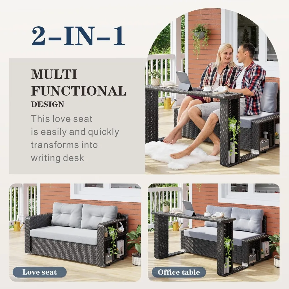 Patio Wicker Sofa with Foldable Long Table, Outdoor Rattan Couch Furniture Steel Frame with Deep Seat High Back and Grey Cushion 4