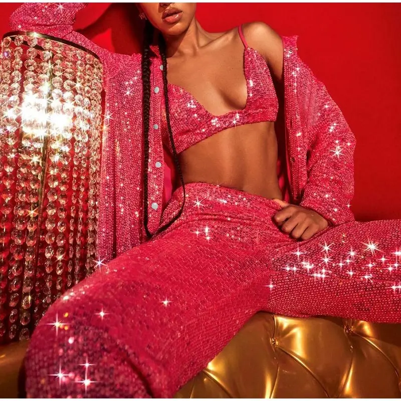 Women Y2K Sequins Sexy 3 Pieces Set Bling Underwear Bra Long Sleeve Shirt Wide Leg Pants Female Sets 2022 Streetwear Casual Suit red pant suit