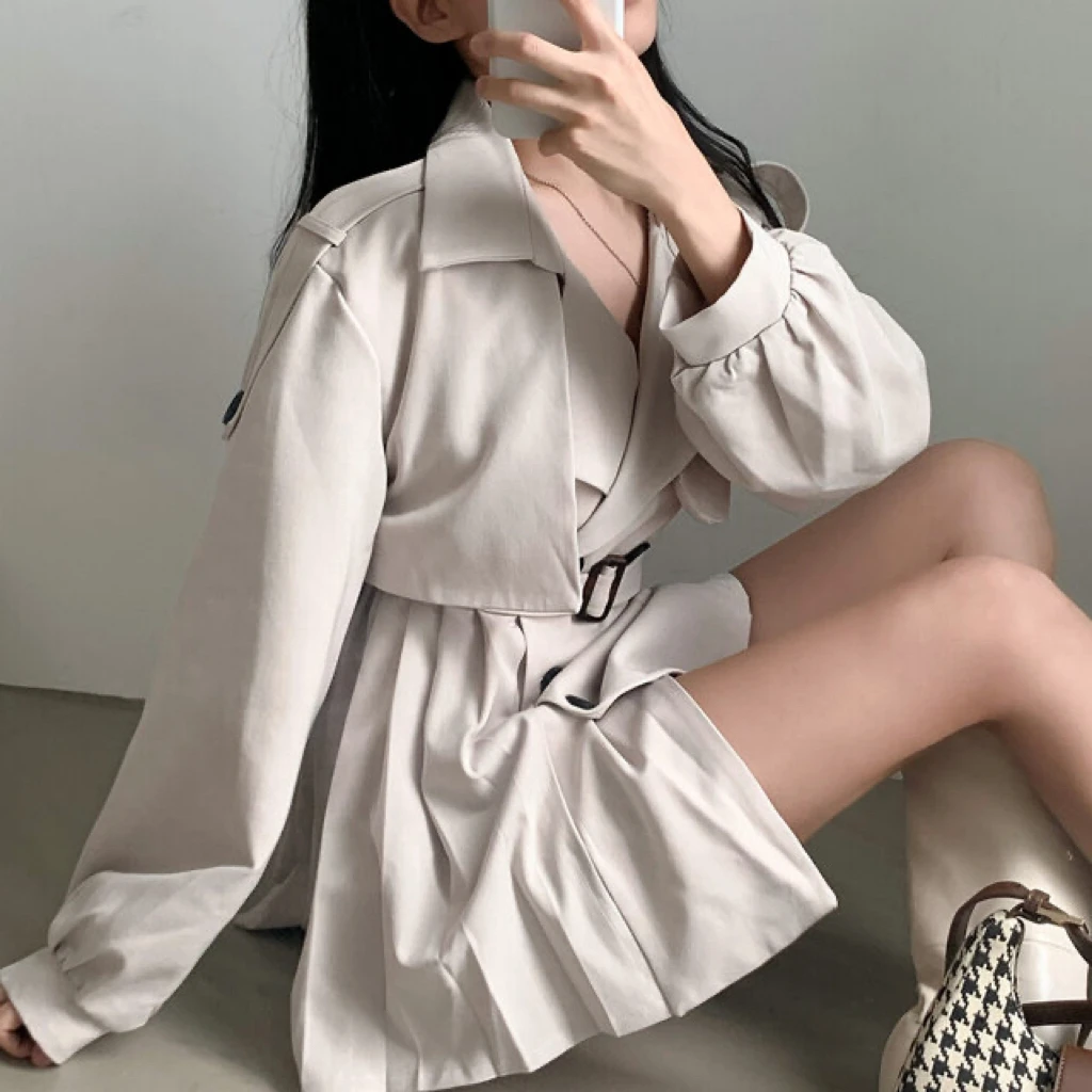 Gabardina elegante y plisada de estilo coreano para mujer, vestido con cinturón, cuello vuelto, doble botonadura, liso, para otoño