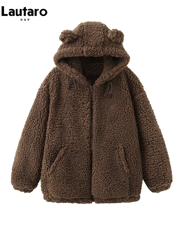 Lautaro-Kawaii Faux Fur Hoodie with Bear Ears for Women, Fluffy
